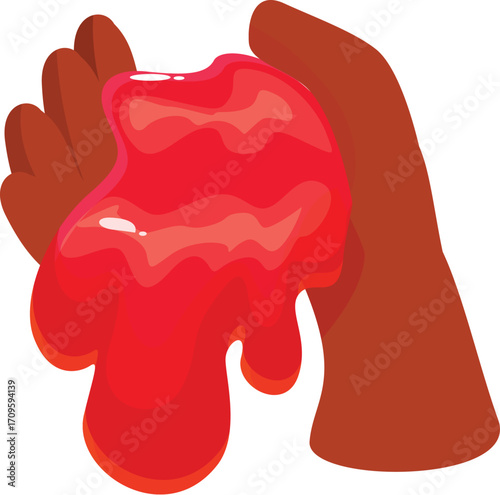 Hands are manipulating a sticky, gooey red slime, letting it drip and stretch, creating a playful and messy sensory experience