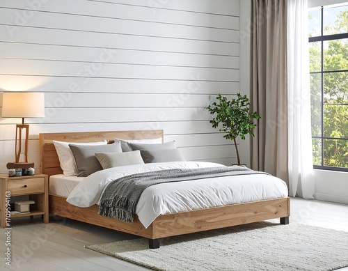 Cozy bedroom with wooden bed