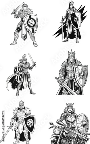 A collection of six black and white illustrations featuring fantasy warrior kings and queens in full armor, wielding swords and shields in heroic poses.