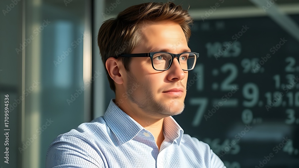 Obraz premium Accounting professional with thoughtful expression, three-quarter view against a modern office wall with soft natural light.