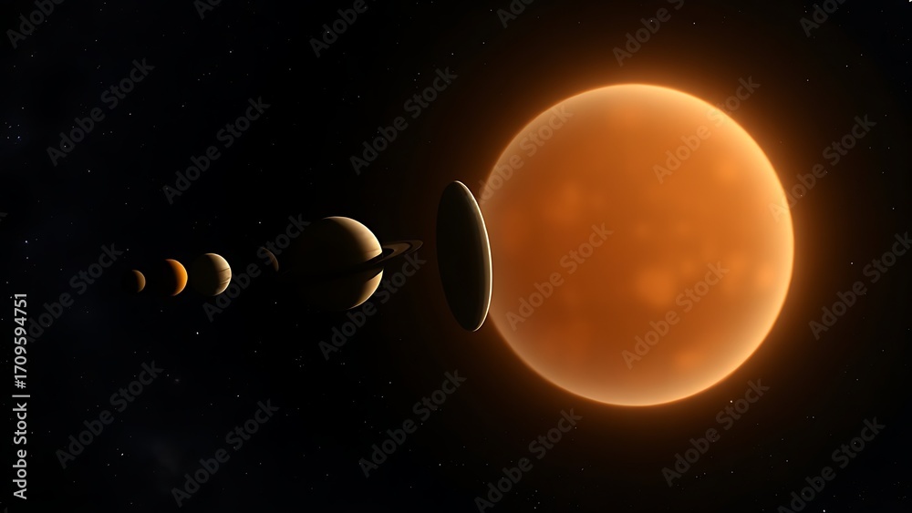 Naklejka premium A wide-angle view of the solar system's planets in alignment, featuring a mysterious translucent sphere.