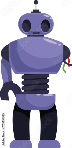 Cartoon illustration of a purple robot standing with exposed wires and a spring