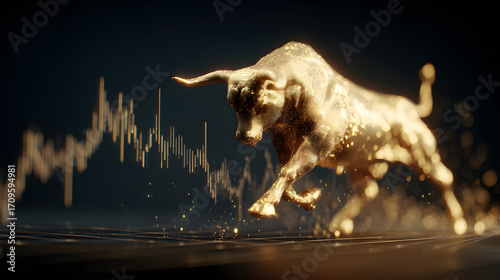 Golden bull charges near economic growth graph art