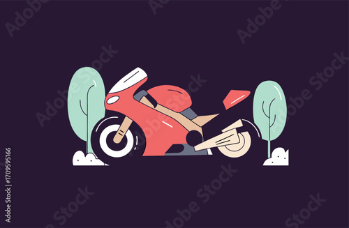 Flat design illustration of a motorbike rider in racing gear, isolated on a plain background, symbolizing speed, sport, adrenaline