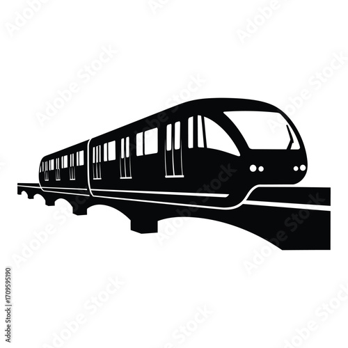 Modern black silhouette of a passenger train on elevated tracks for transportation and travel themes silhouette
