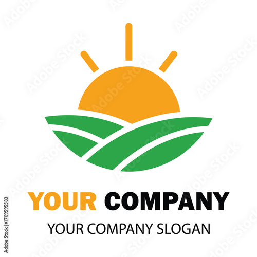 Vector art of sunrise over green fields logo