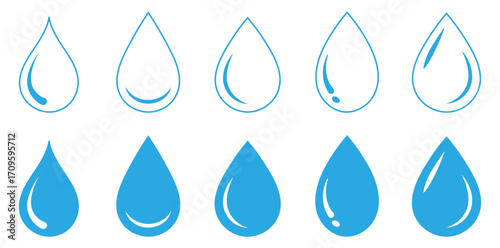 Water drop shape, blue water drop icon set.  Minimal water drop icons.  drop, dripped, rain, oil, droplet, splash, freshness, splashing, refreshing, vector, clear, vector 