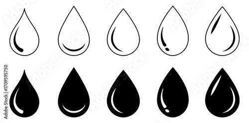 Water drop shape, black water drop icon set isolated on white background. Water droplet icon pack, outline and solid teardrop symbols. water, drop, dripped, rain, oil, droplet, splash, water, drop