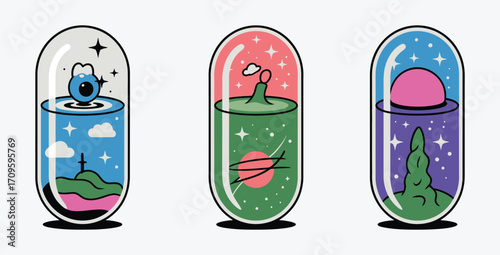 Three whimsical capsule illustrations: celestial landscapes, vibrant colors, playful style, fantasy mood, vector art.