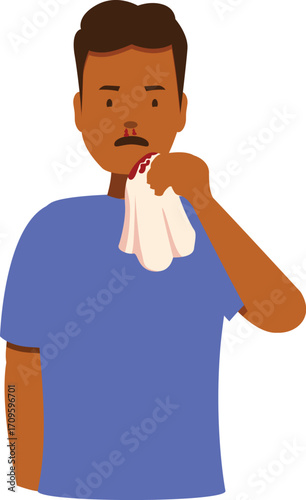 Man suffering from epistaxis holding a tissue to his nose to stop bleeding