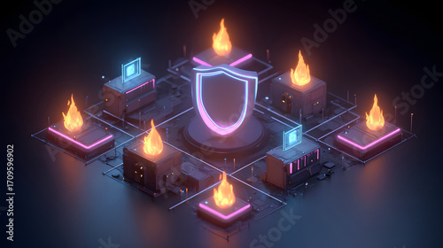 Cybersecurity shield with glowing neon padlocks