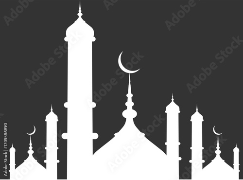 Flat design illustration of an Islamic Ramadan background with greetings, featuring crescent moons, stars, and traditional elements, symbolizing spirituality, peace, and celebration of the holy month.