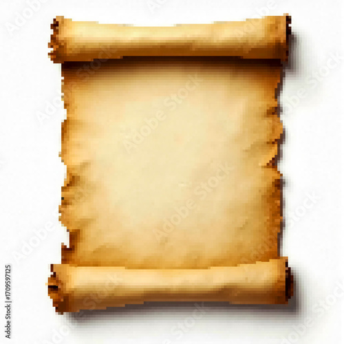 An old scroll on a white background with a blank space for text. Pixel art game asset.