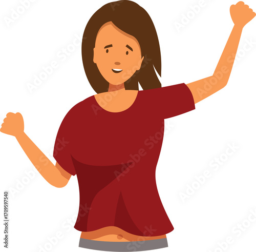 Joyful young woman raising arms celebrating success, expressing happiness and excitement