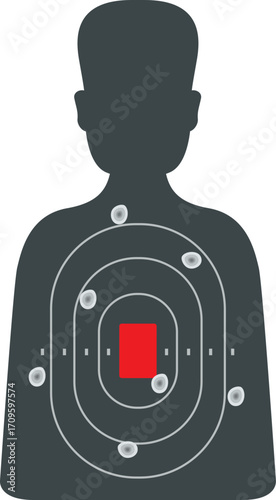 Human silhouette target riddled with bullet holes, emphasizing precision and aiming practice