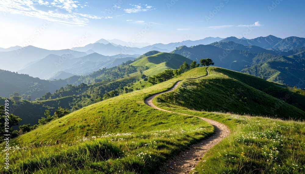 Naklejka premium Green landscape featuring rolling grassy hills and a winding path