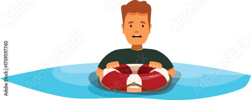 Young man with worried expression floating in the ocean and holding a lifebuoy is waiting for help