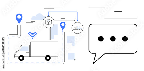 Truck and GPS tracking points with wireless signal, tablet, and chat bubble. Ideal for logistics, communication, transportation, technology, data sharing, tracking solutions simple landing page
