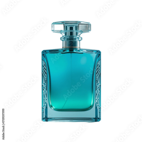 an elegant perfume bottle with transparent glass gradient from blue to green