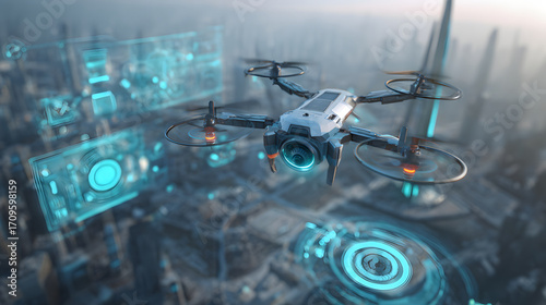 Drone flies over a futuristic city skyline view