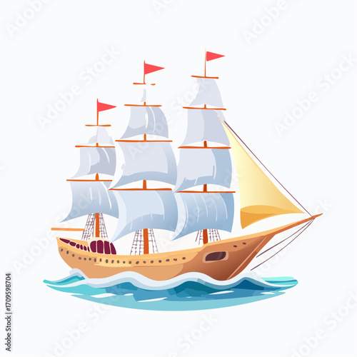 Vintage sailing ship with full sails navigating through ocean waves