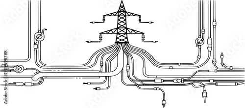 Electrical Cables Wiring Vector Icon | Power Line, Wire Connection System | Electricity, current, circuit, network, energy illustration