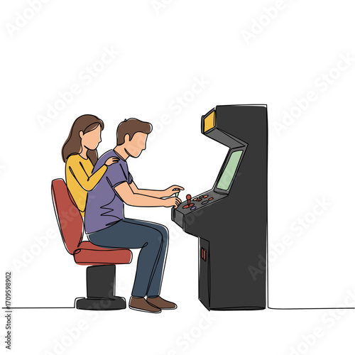 Couple playing video game at arcade machine with playful interaction  