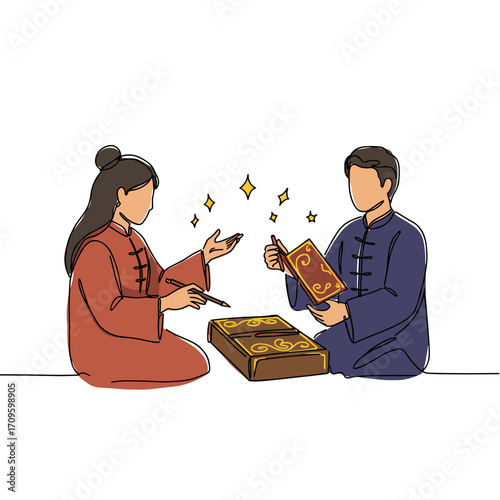 Couple engaged in fortune telling with tarot cards at home  