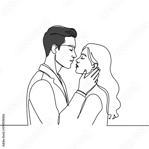Romantic couple embracing while sharing a gentle kiss in line art  
