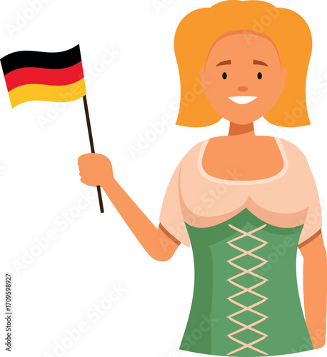Young woman in traditional attire holding a german flag, celebrating german culture and national identity