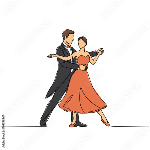 Couple dancing the waltz in formal attire on a plain background  