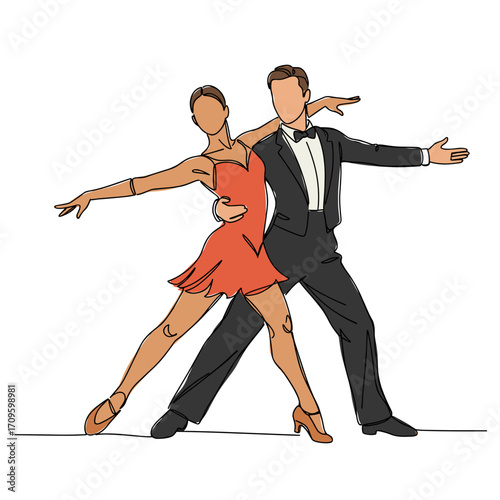 Dance competition couple performing in elegant attire on stage  