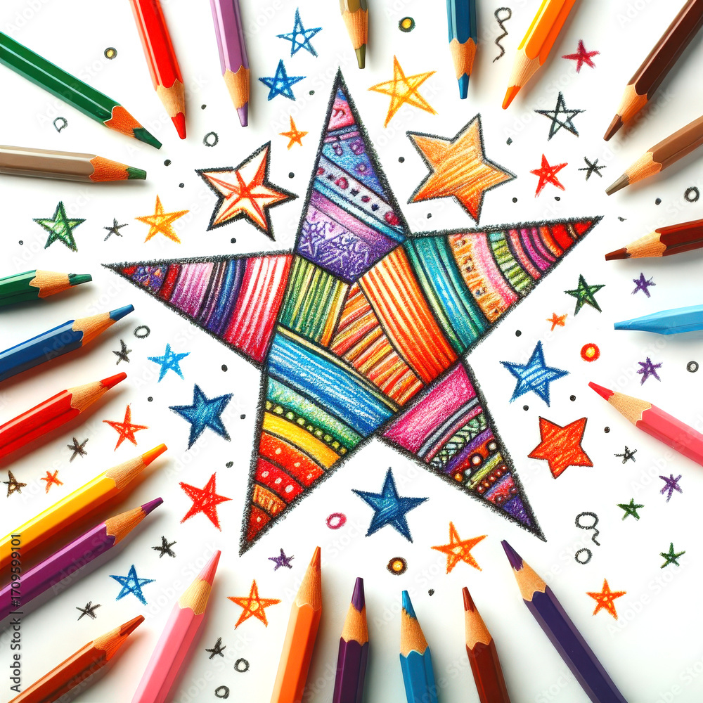 Obraz premium A colorful star illustration surrounded by various colored pencils. The star features intricate patterns and vibrant colors, creating a playful artistic scene.