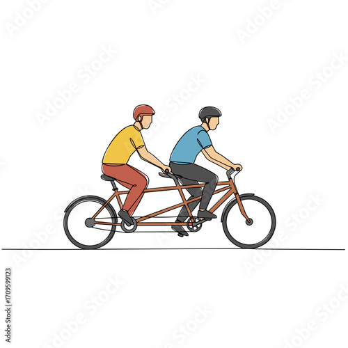 Two people riding a tandem bicycle on a white background  
