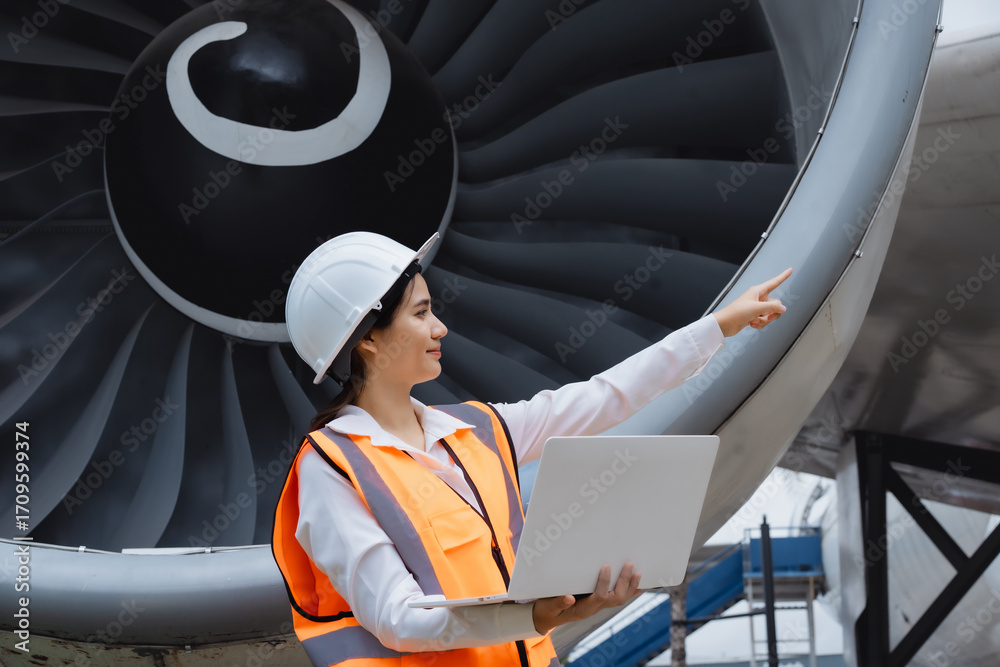 custom made wallpaper toronto digitalAn Asian woman stands confidently in front of a jet engine,wearing a safety helmet  reflective vest,holding tablet,representing aviation engineering,safety inspection,professional roles in airline