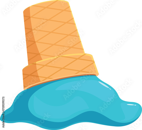 Light blue ice cream melting and dripping from its waffle cone on a hot summer day