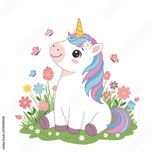 Unicorn Sitting in a Flower Field