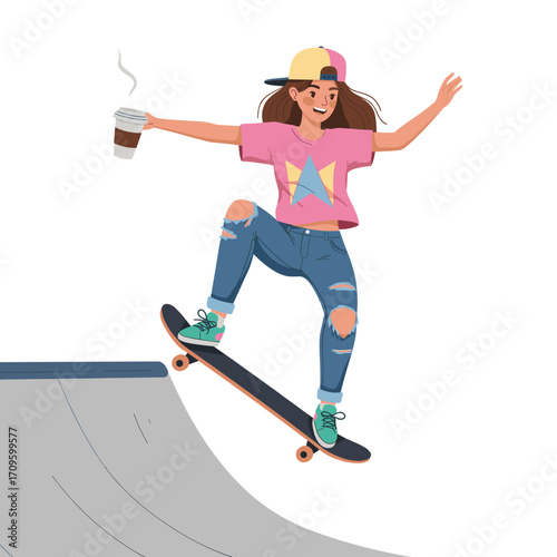 Skater Girl with Coffee Cup Doing Tricks on Halfpipe
