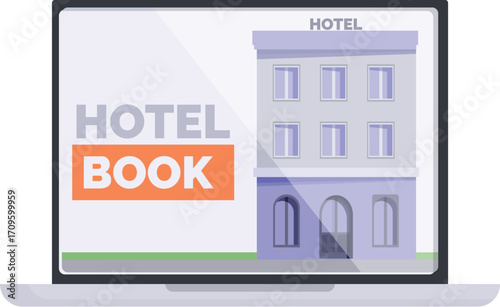 Online hotel booking service on a laptop screen showing a modern hotel building, facilitating easy and convenient travel arrangements