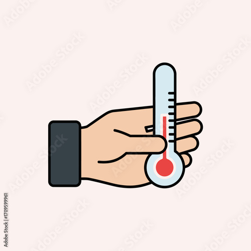 Close-up flat lay image of a hand holding a simple thermometer against a neutral, light gray background, showing a moderate temperature reading with a calm and understated visual