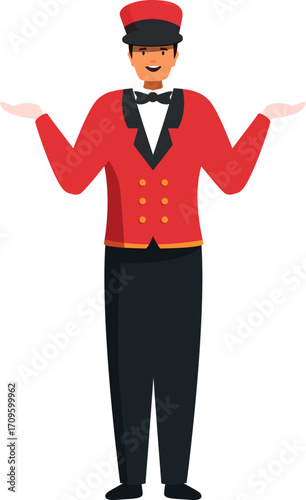 Hotel porter showing something with his hands and smiling