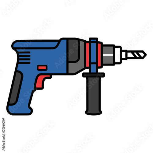 Close-up studio shot of a blue and red cordless drill, isolated on a white background, showcasing its construction details with a clean, simple aesthetic and conveying a sense of
