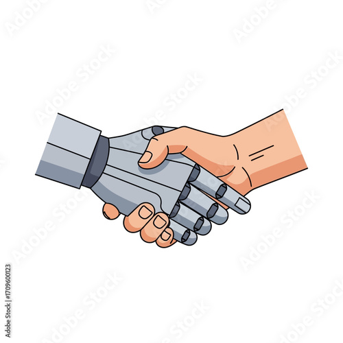 Close-up illustration of a human hand shaking a robotic hand, showcasing a collaborative partnership concept with a neutral color palette against a clean white background,
