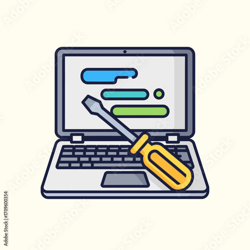 Flat lay image of a laptop computer with a screwdriver resting on the keyboard, showcasing a clean and simple design against a white background, conveying a technical and
