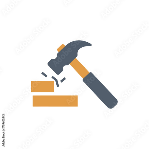 Close-up studio shot of a hammer striking two wooden blocks, a flat lay composition with a neutral color palette against a clean white background, illustrating construction and
