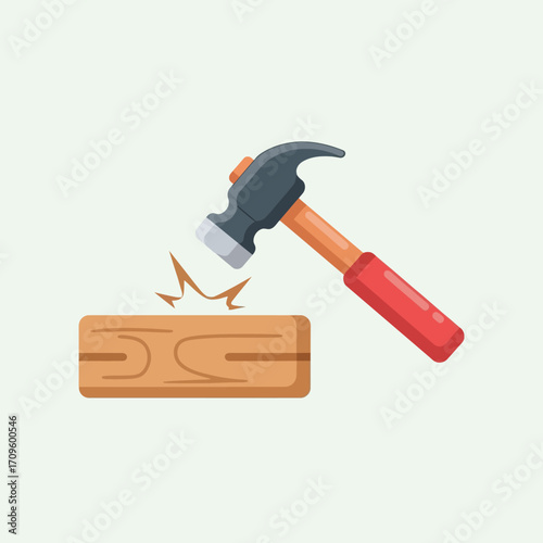 Flat-lay illustration of a hammer hitting a wooden plank, depicting a DIY project against a light-grey background with a simple, clean aesthetic and warm color tones.