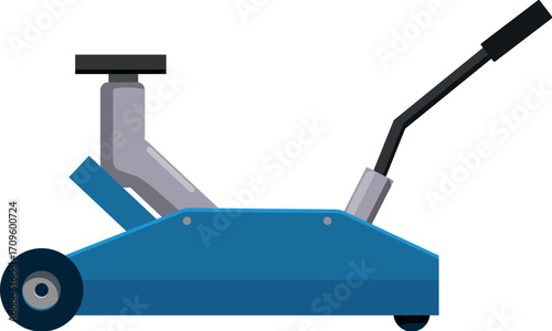 Blue hydraulic floor jack lifting equipment with long black lever for changing car tires