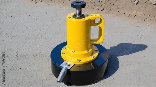 Screw jack with a wide base and safety lock pin for stabilizing heavy machinery on uneven terrain.