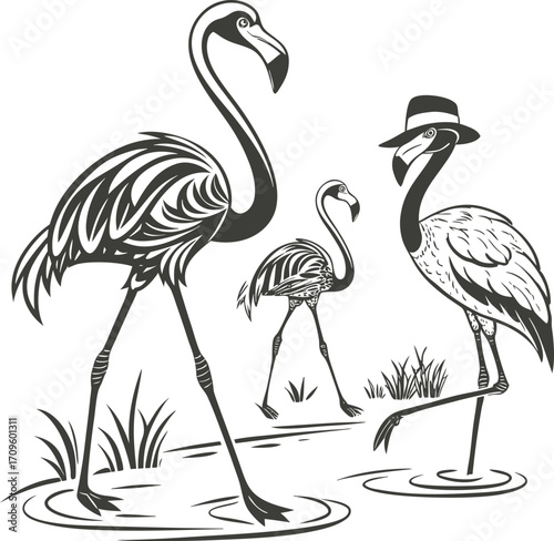 Hand Drown Flamingo Vector illustration Silhouette. Set of flamingos. 