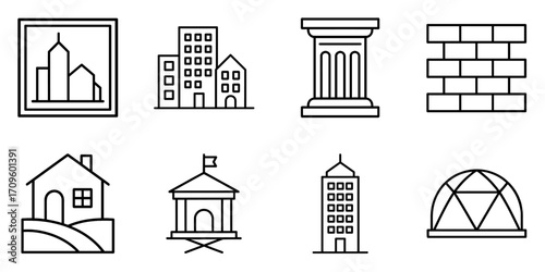 Architecture and construction line icons with houses, buildings, columns, walls, domes, and landmarks